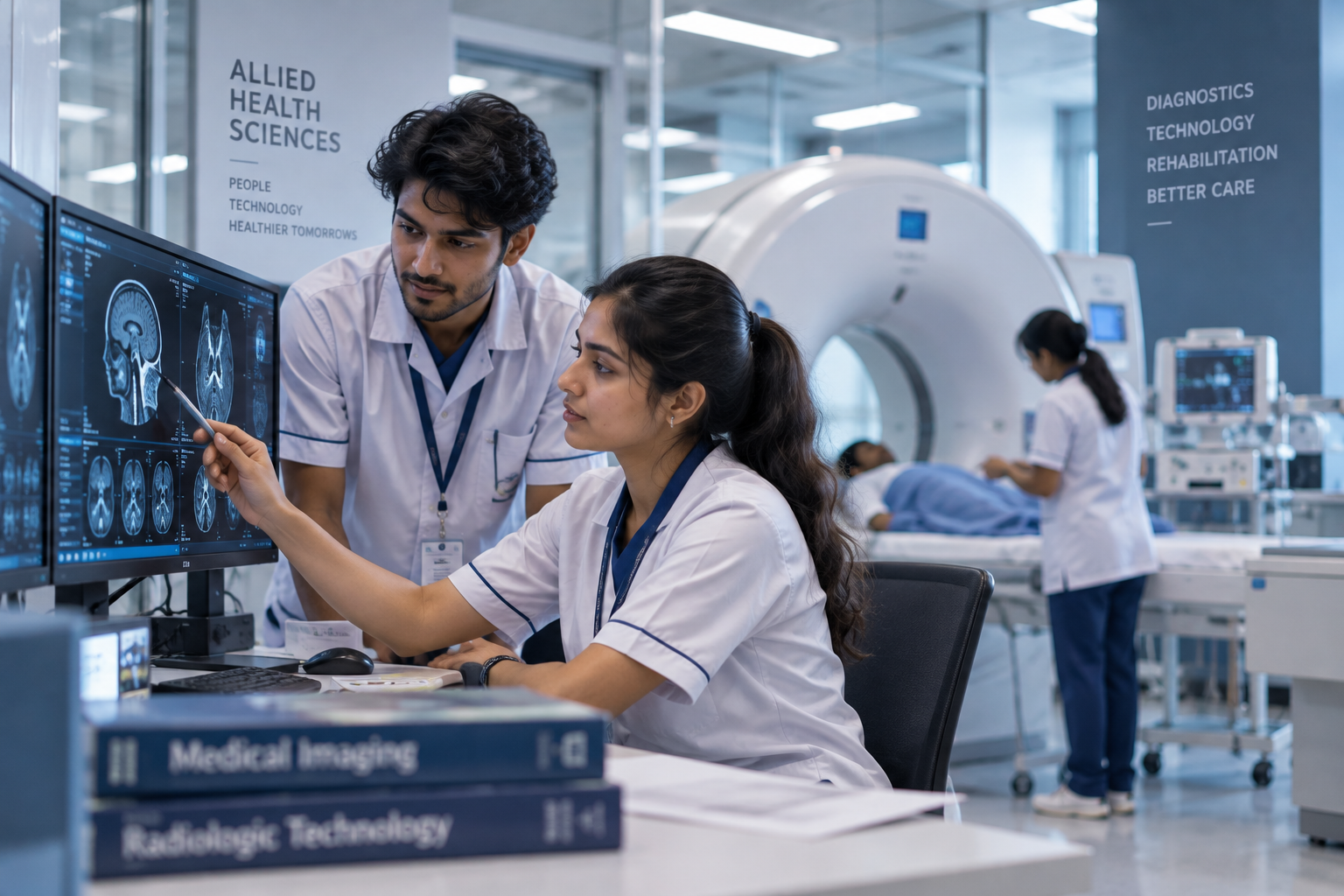 Allied health professionals working with modern healthcare technology