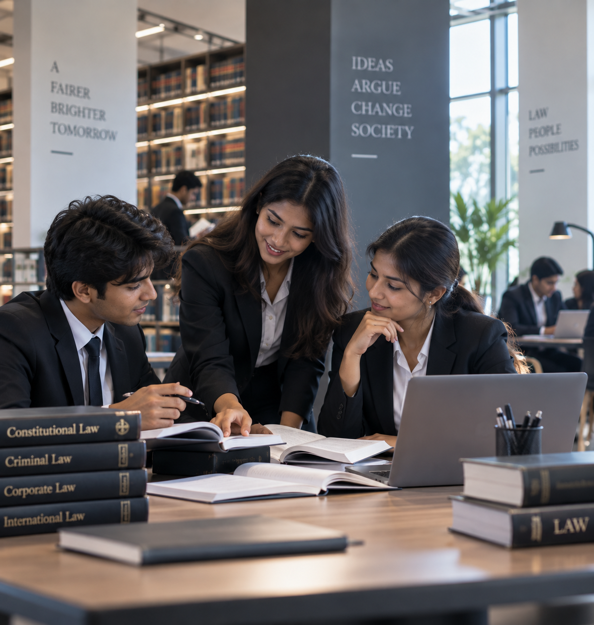 Law students studying together in a modern academic environment