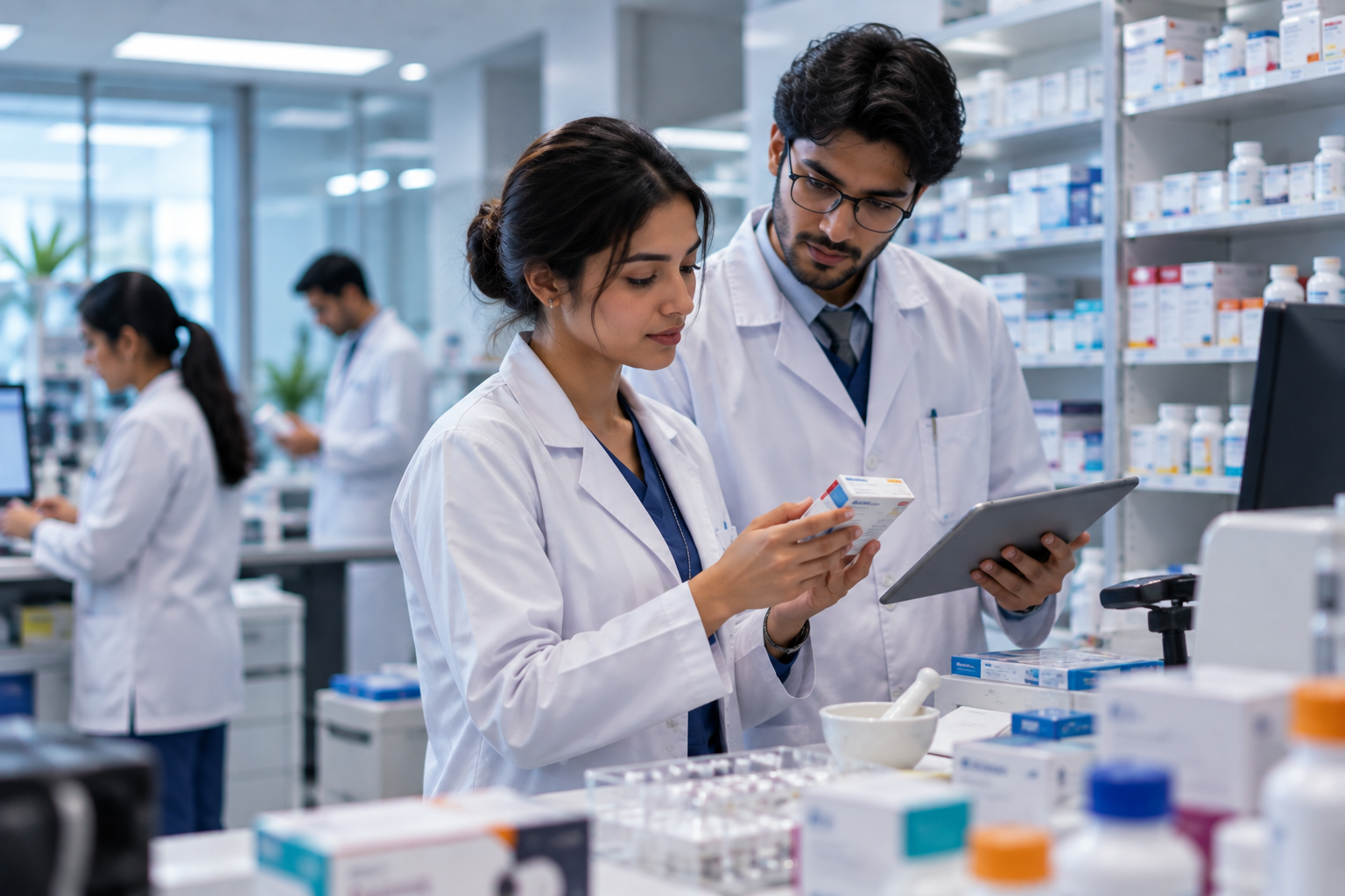 Pharmacy professional working in a modern clinical environment