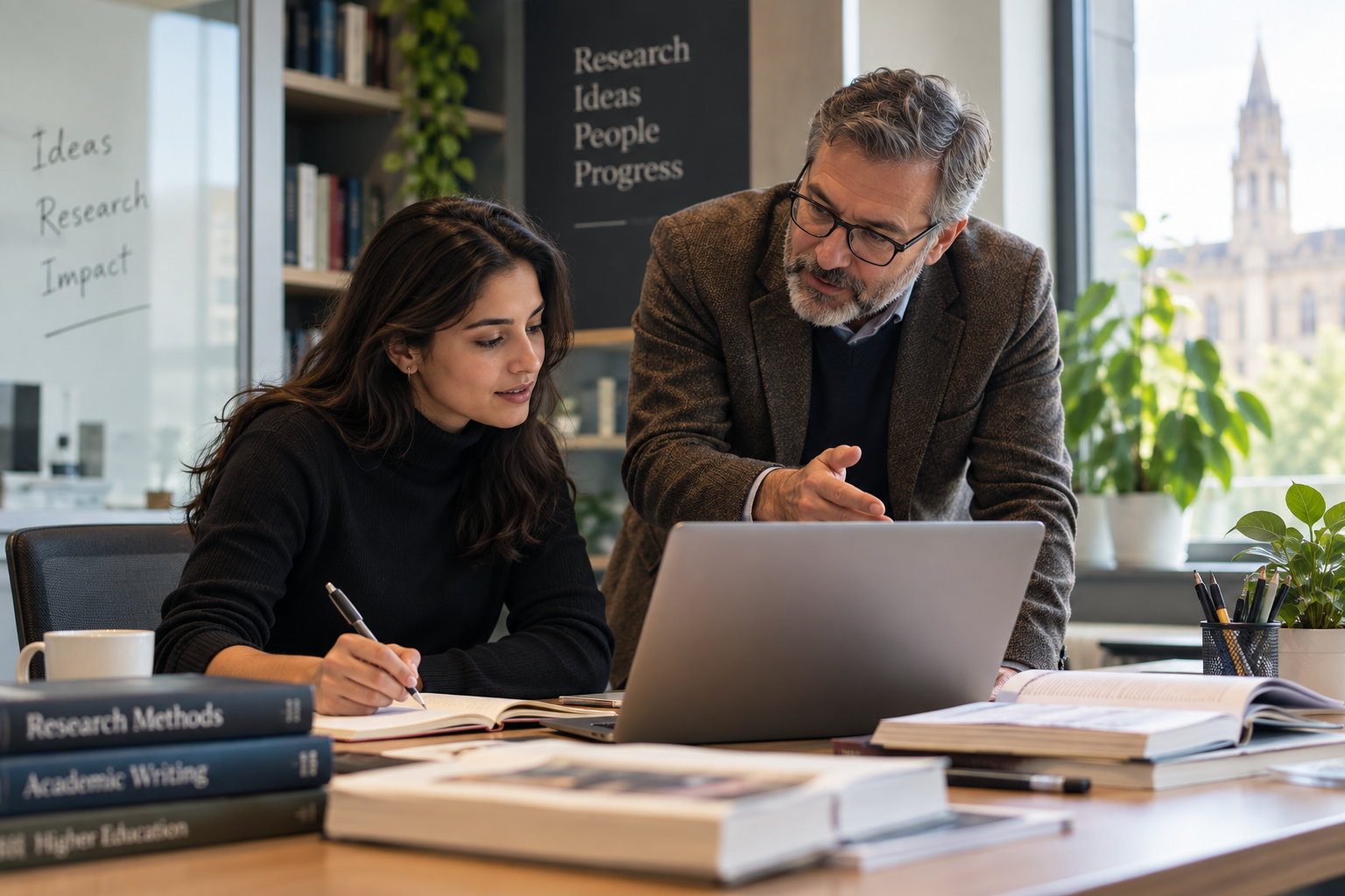 Research student discussing academic work with a mentor